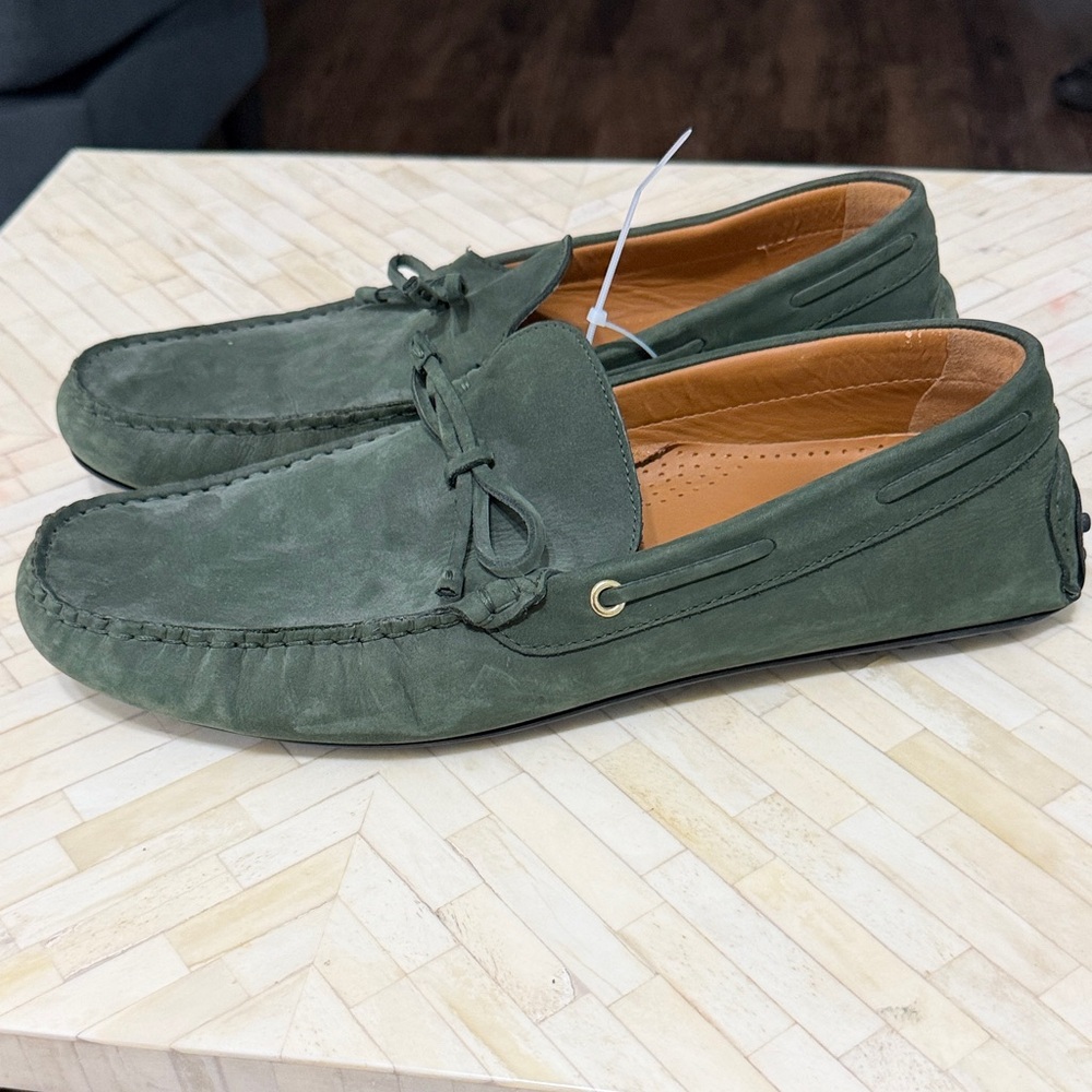 Zara Man Green Suede Driving Loafers - Soft Suede Bow Moccasins